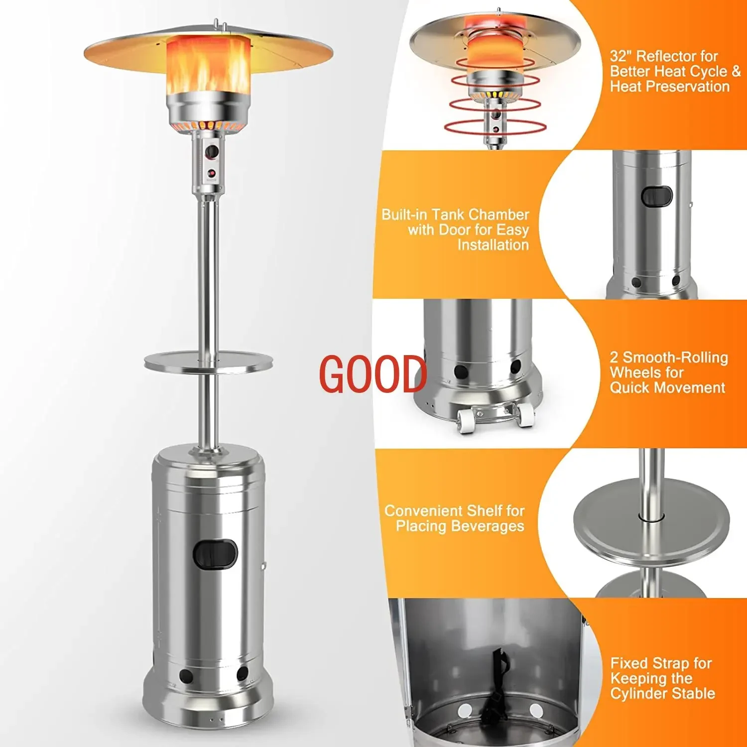 DEFINUO 48000 BTU Лучший уличный пропановый обогреватель, с регулируемой по высоте полкой, столешницей и колесами, заводской в Китае