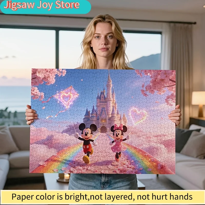 

2D-пазл-головоломка из 1000 деталей с Микки и Минни Маус — романтический замок на облаках с цветами сакуры, с сердцем и радужной дорожкой, Fr