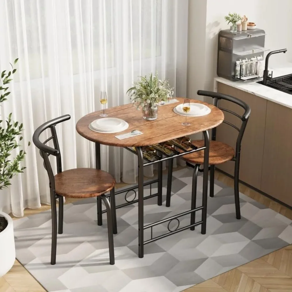 

3-Piece Wooden Dining Table Set, Kitchen Breakfast Nook Sets with 2 Chairs & Round Tabletop, Space Saving Furniture Metal Frame