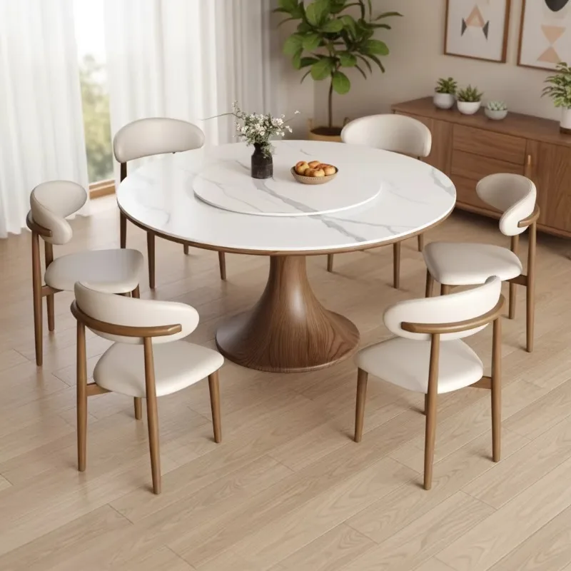 Luxury Sintered Stone Round Dining Table With Rotating Lazy Susan Sturdy Wood Pedestal Scratch-Resistant For Dining Room