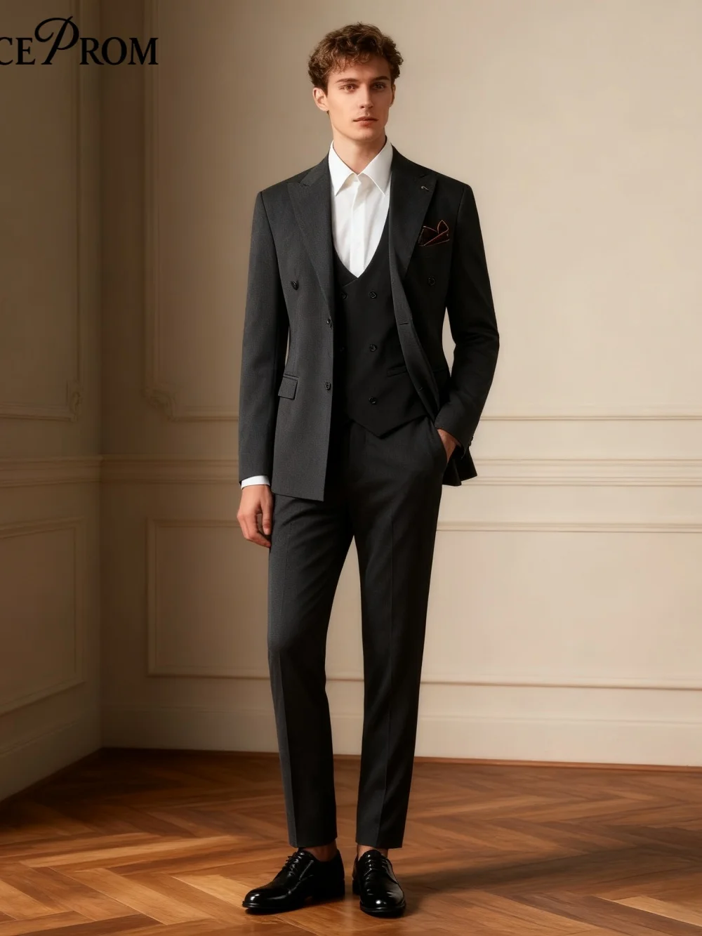 

Elegant Dark Gray Men's Suit Set 3PCS Formal Jacket Vest Pants For Groom Stylish Banquet Men's Suit Set