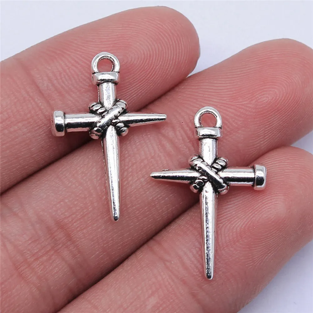 10pcs/lot 22x16mm Nail Cross Charms For Jewelry Making Antique Silver Color 0.87x0.63inch