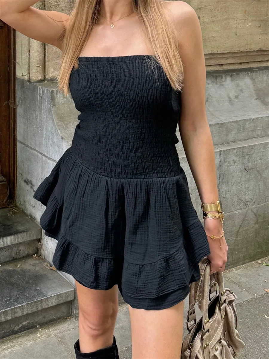 Nova moda feminina verão mini vestido bandeau fora do ombro cor sólida em camadas bainha tubo vestido superior venda quente s m l