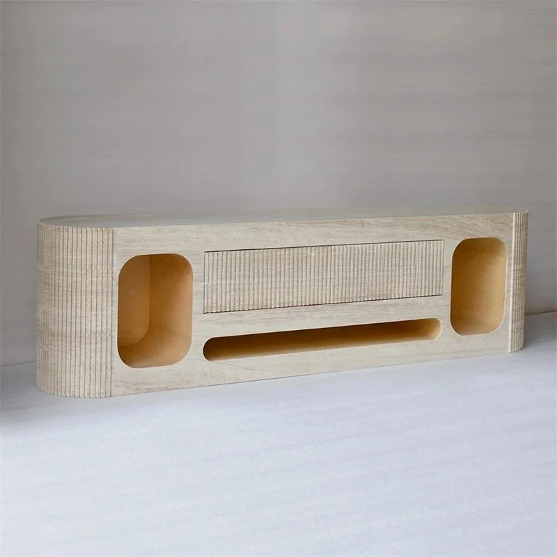 A  Wabi Sansan natural Roman travertine marble integrated TV cabinet, light luxury villa small apartment floor cabinet