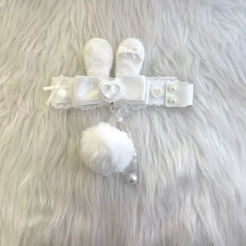 Cute Keyboard Ribbon  Bunny Ear Bow Lace Decor Strap Plush Pom‑pom Pearl Pendant For Custom Mechanical Keyboard Accessories Diy