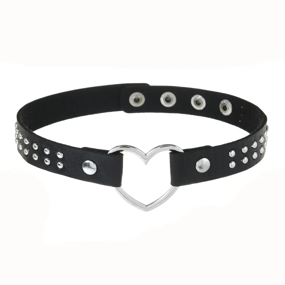 Women Punk Gothic Black Leather Choker Necklace Heart O Ring Rhinestone Studded Collar Adjustable Fashion Jewelry Punk Accessory