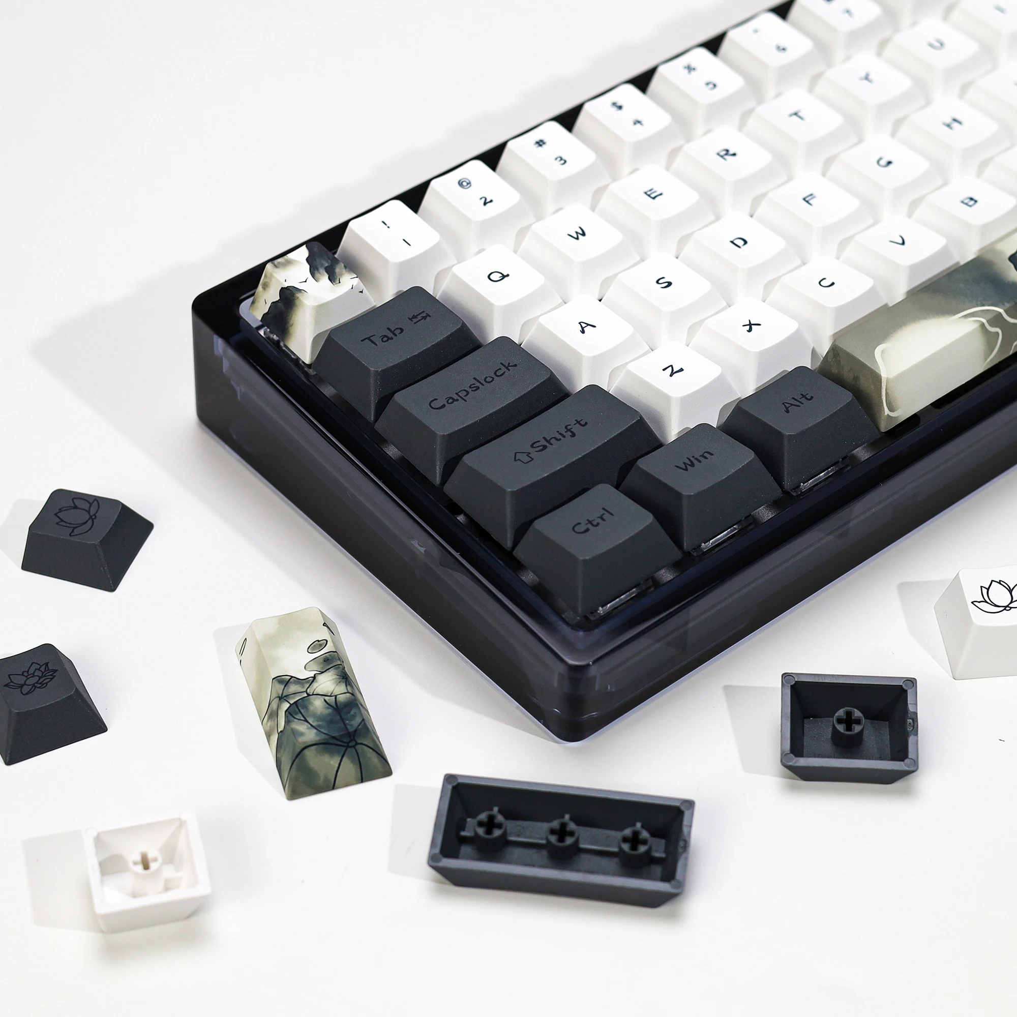 KBDiy Ink Lotus Keycap 142 Keys Cherry Profile Retro Keycaps PBT Keycaps for Mechanical Gaming Keyboard Aula F75 F87 F99 Key Cap