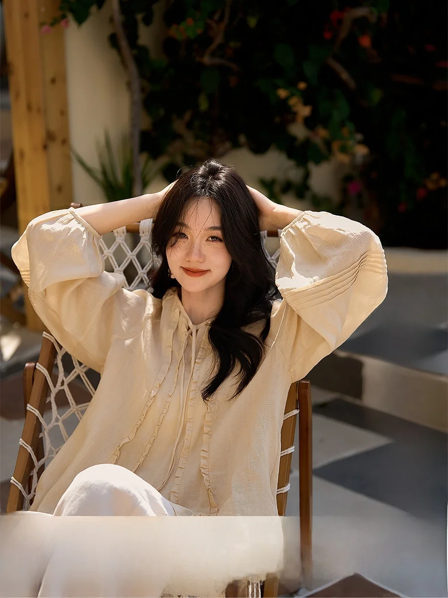 

Женская повседневная свободная блузка Li Doll из хлопка и льна с длинным рукавом, охлаждающая, новинка весны, с деревянным дизайном