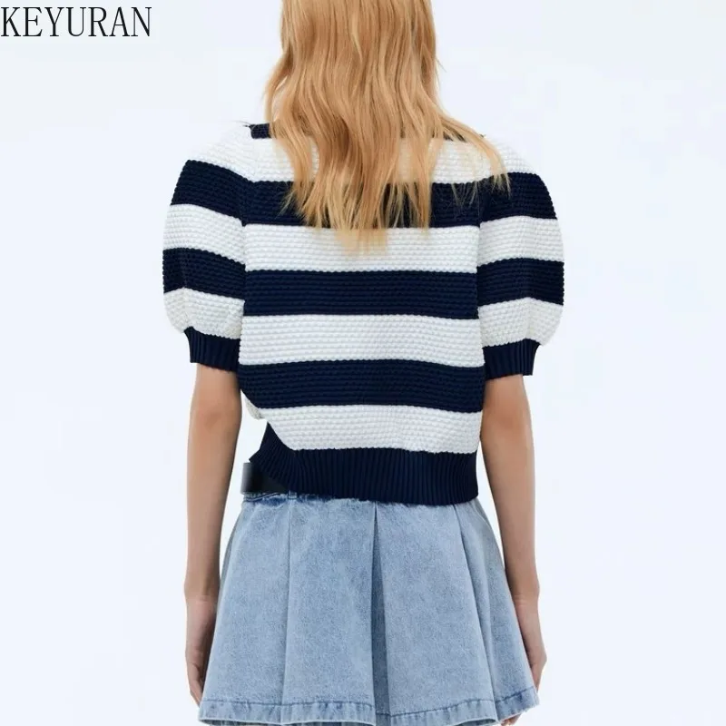 2024 Summer Sweet Sequin Bow Striped Sweater Women Pullover O-Neck Casual Color Block Short Sleeve Knit T-shirts Jumper Y2K Tops