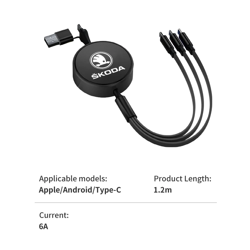 Car 3 In 1 USB Fast Charging Data Cable Type C Multi Port Charger Cable For Skoda Octavia Rapid Kodiaq Karoq Fabia Kamiq Superb