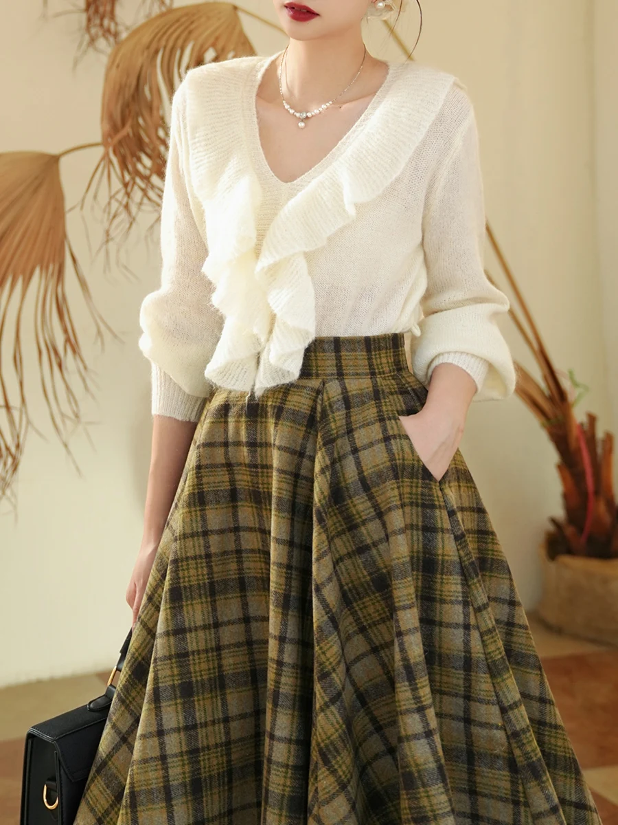 

Вязаный свитер в стиле ретро с застежкой на талии, шерстяной фонарь Све с рюшами по подолу, молочный Cr Puff Pastry от Miss Egg для женщин