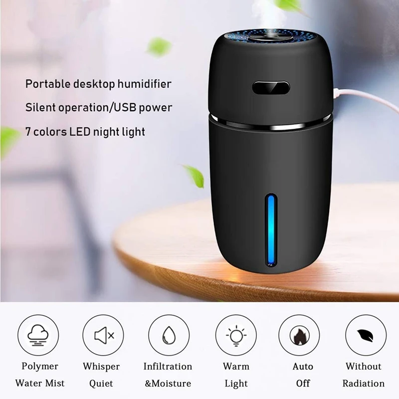 Humidificador portátil con USB para coche, minihumidificador de 200Ml con luz LED nocturna de 7 colores, modos de niebla ajustables y silenciosos para viajes