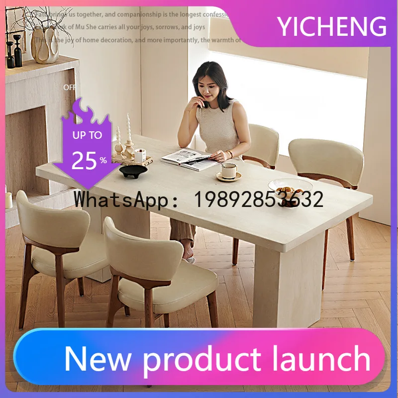 

Hys retro travertine thickened sintered stone dining table and chair set - model room vintage long dining table
