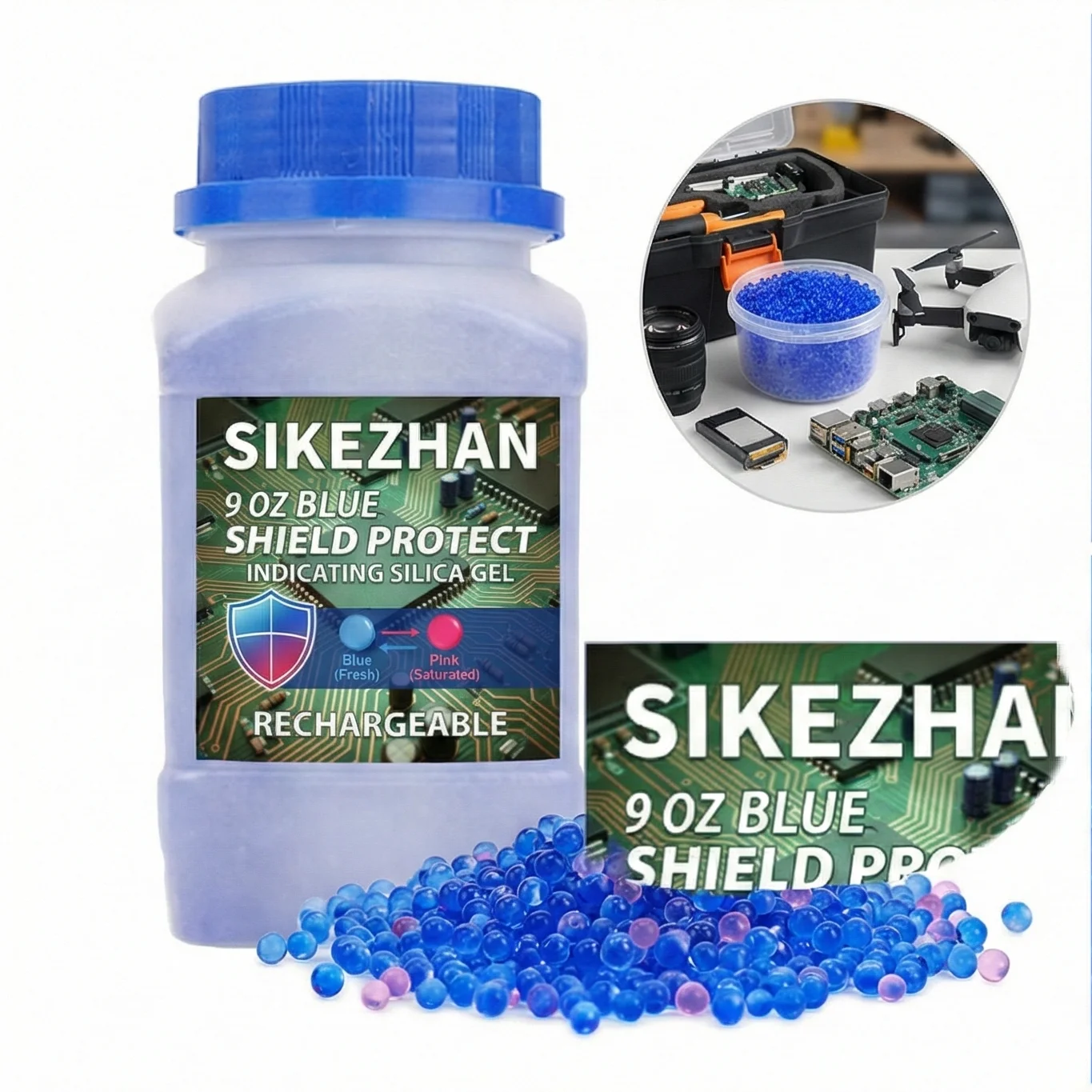 Blue Indicating Silica Gel, Rechargeable Desiccant for Electronics, Camera, PCB & 3D Filament Protection