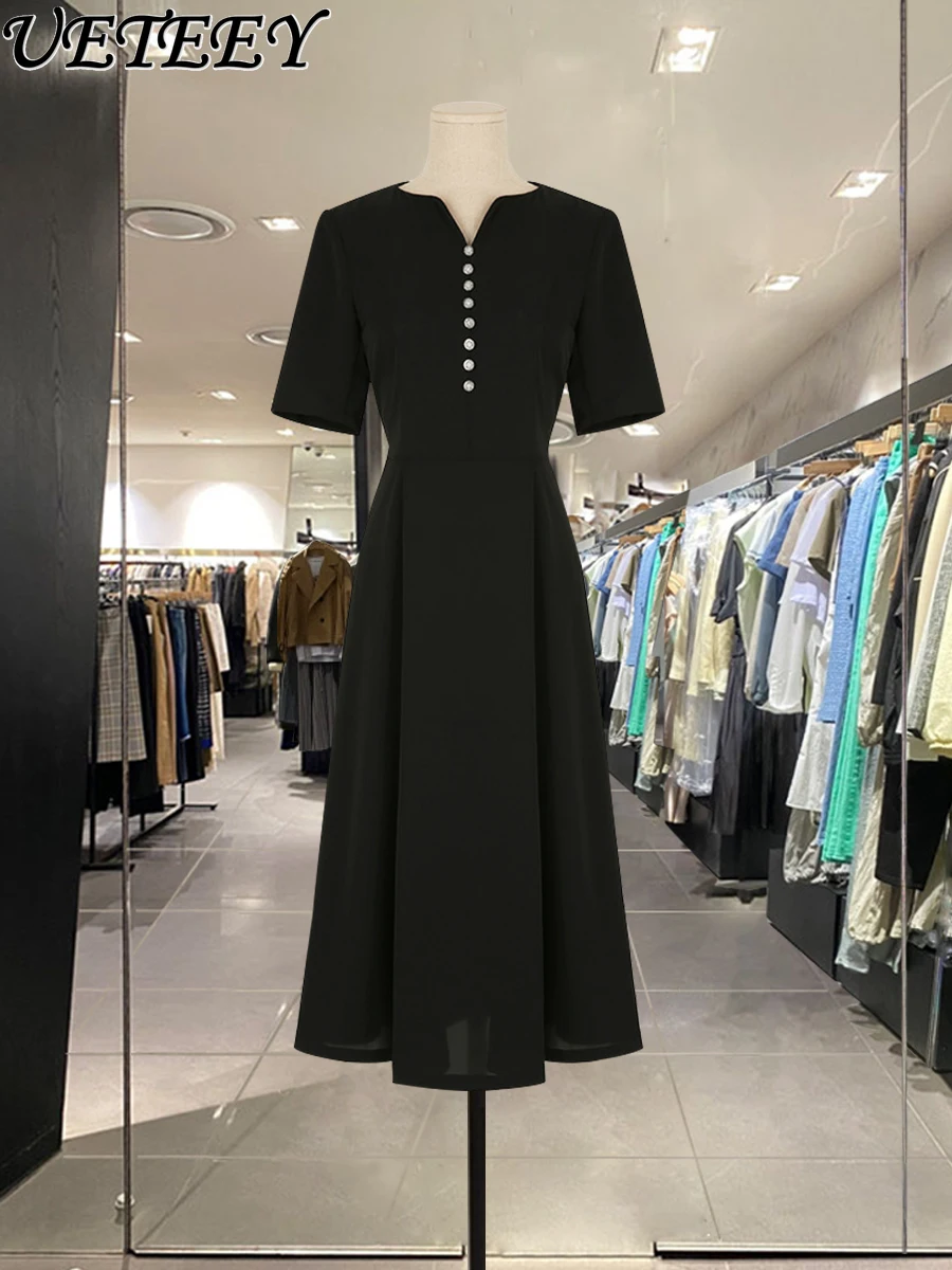 

Fashion Design Pearl Button Waist-Tight Long Dress Summer New Elegant High-End Black Short Sleeve Slimming Dresses for Women