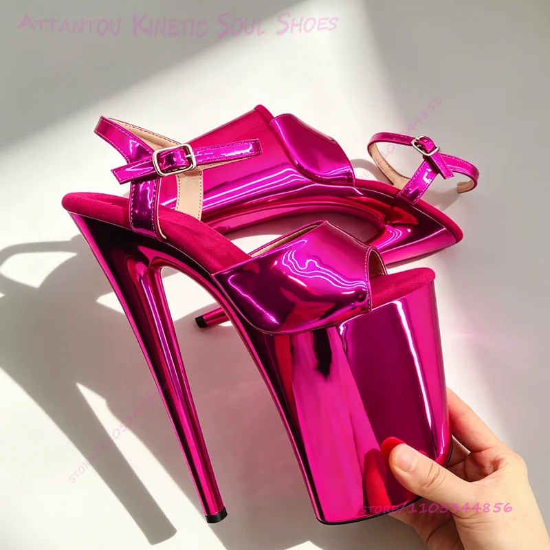 

Shiny Patent Leather Fuchsia Mirrored Sandals 23cm 9 Inch Women Platform Stiletto Round Toe Open Heels Sexy Pole Dancing Shoes