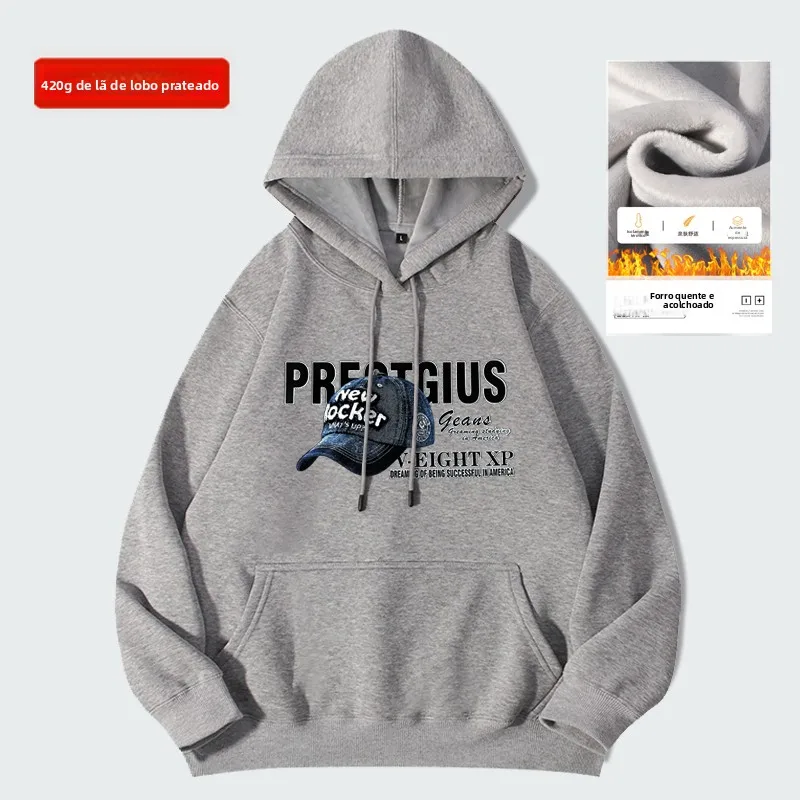 Moletom com Capuz de Lã Grossa para Homens, Jaqueta Casual Quente de Manga Longa com Capuz, Veludo Silver , Moda de Rua Ou...