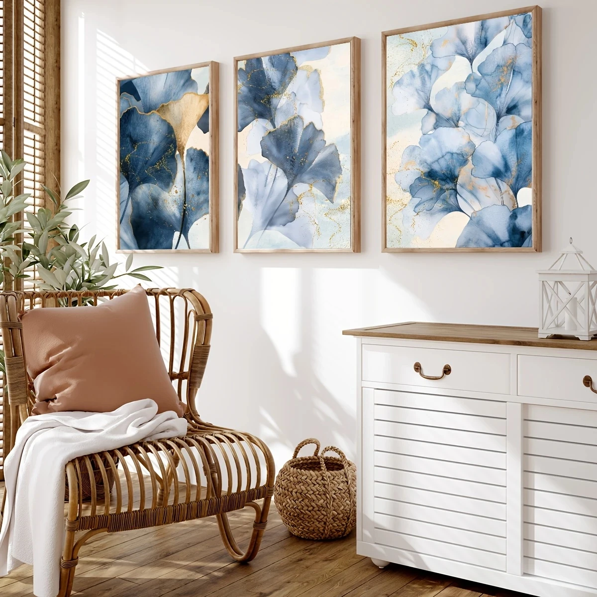 3Pcs/Set Blue Gold Apricot Leaf Wall Art Abstract Plant Modern Living Room Home Decor Bedroom Kitchen Frameless Canvas Poster