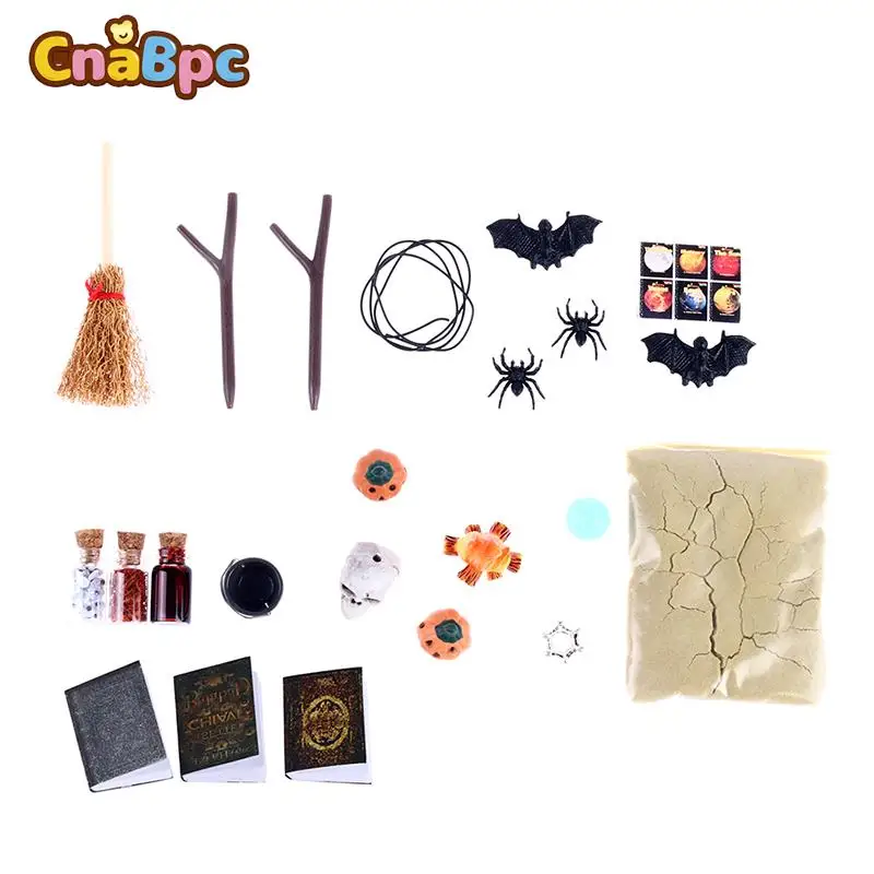 1:12 Dollhouse Miniature Halloween Horror Toy Set Bat Skull Head Broom Spider Pumpkin Head Magic Book Ornament DIY Festival Deco