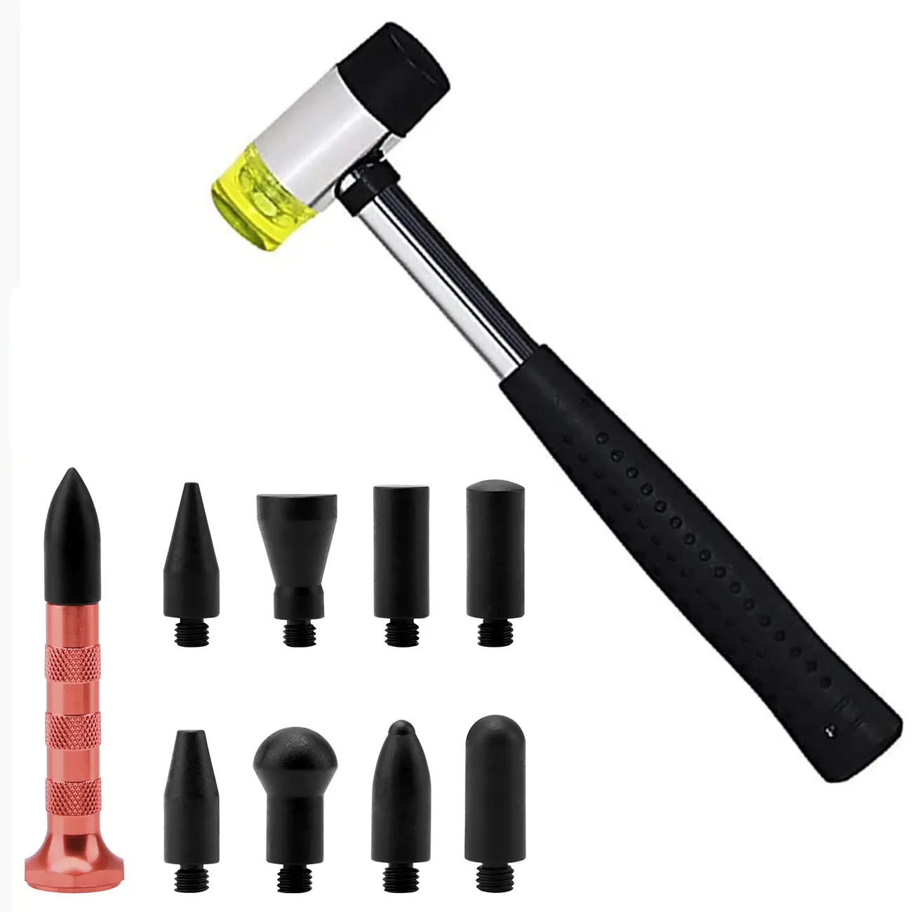 Kit de reparo de amassados sem pintura, faça você mesmo, martelo de metal, caneta com 9 cabeças, ferramentas de remoção de amassados para reparo de danos ao granizo do carro