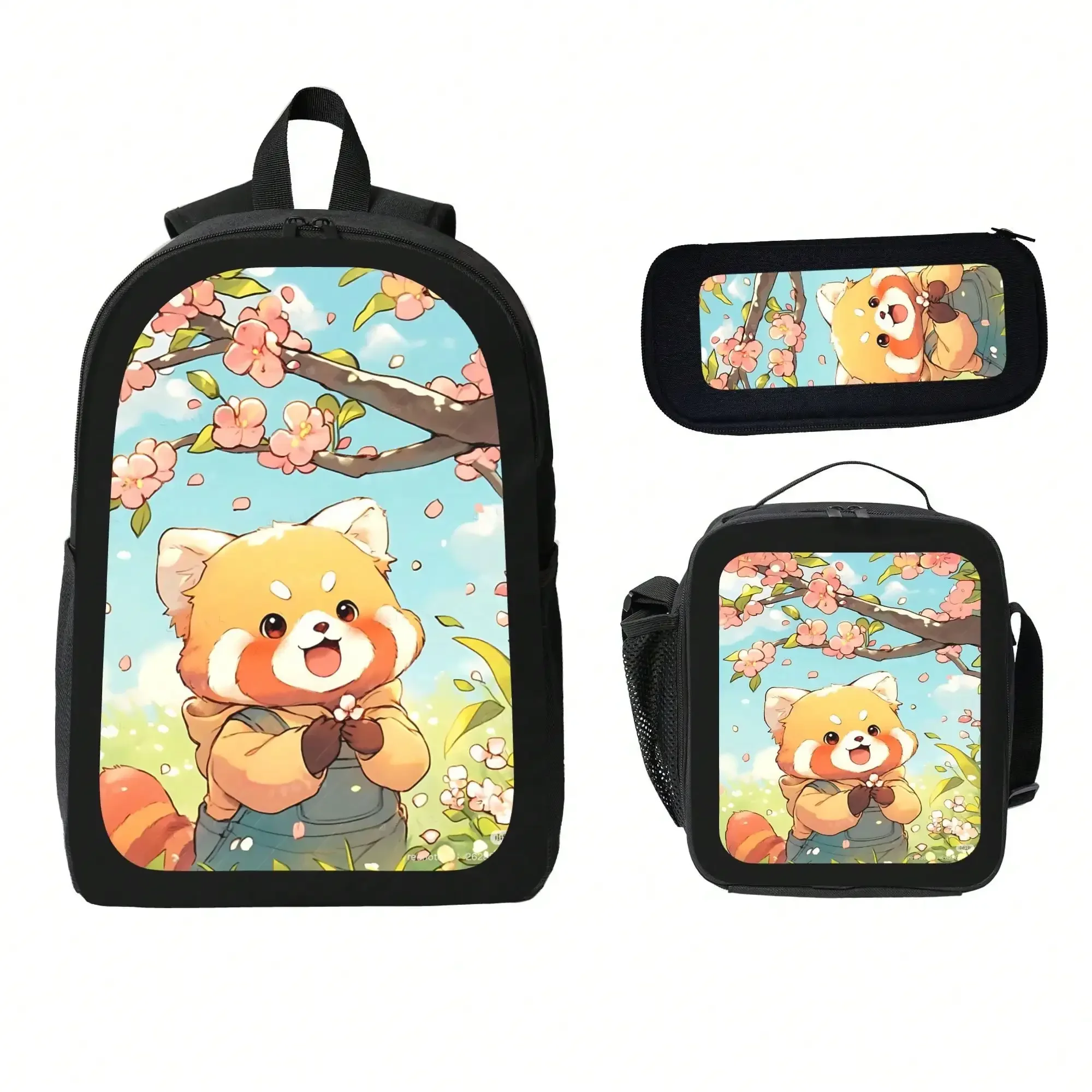 3 Piece School Backpack Set For Kids Cute Red Panda And Cherry Blossom Print Backpack With Insulated Lunch Bag And Pencil Case Lightweight Bookbag Set For Boys Girls Travel School Outdoor Activities