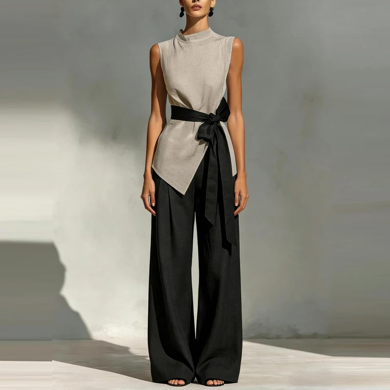 

Women Elegant Irregular Solid 2 Piece Suit 2026 Fashion Simples Long Pant Outfits Casual O-neck Lace-Up Top & Wide Leg Pant Set