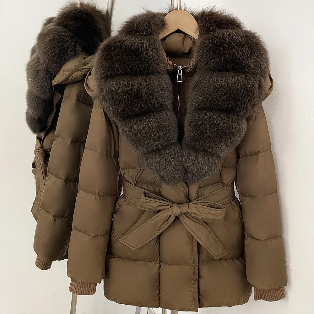 OFTBUY Große Jacke mit Kapuze und natürlichem Pelzkragen, mit echtem Fell, dicker Gürtel, Reißverschluss, Daunenjacke, Damen-Wintermantel – Detail 21