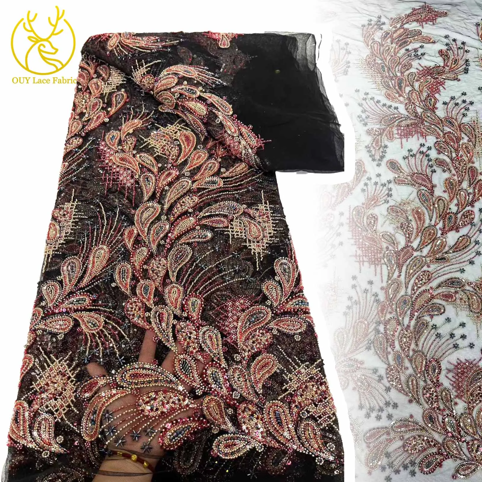 

Luxury Exquisite 2025 African Nigerian Sequins Tulle Lace Fabric 5 Yards French Beading Embroidery Wedding Party Dress Sewing