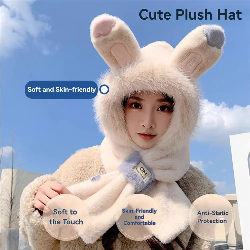 

Bunny Ears Integrated Hat Scarf Set Windproof Soft Cozy Ear Protection Cap Plush Skiing and Hiking Neck Gaiter for Women