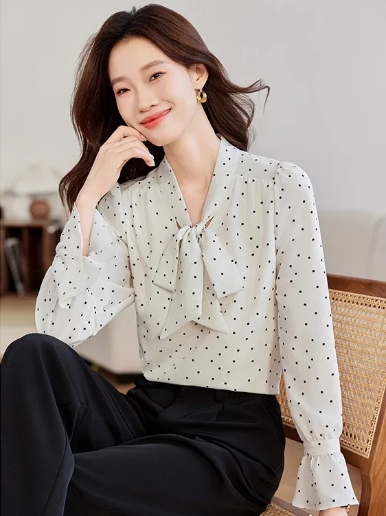 

Polka Dot Sash Long Sleeve Women's Chiffon Shirt Autumn Winter Spring New Small Design Sense Top Fashion Ladies Premium