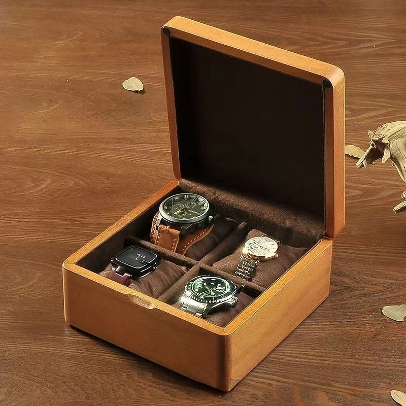 شعار قابل للتخصيص أنيق ريترو ساعة خشبية حافظة 4 فتحات خشب مريحة رائعة هدية صندوق ساعة ميكانيكية مجموعة السفر