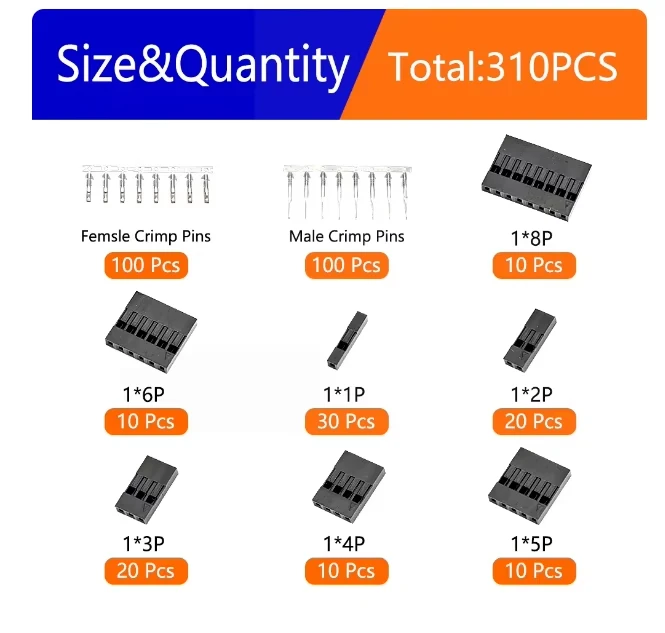 310Pcs/set 2.54mm Male+Female Dupont Wire Jumper Line Cable 1/2/3/4/5/6/8 Pin Header Connector Housing Electronic DIY Kit
