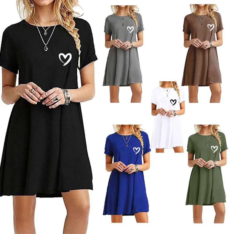 

Ladies' casual summer mini dress, Bohemian style beach dress, solid color round neck short sleeved A-line party dress