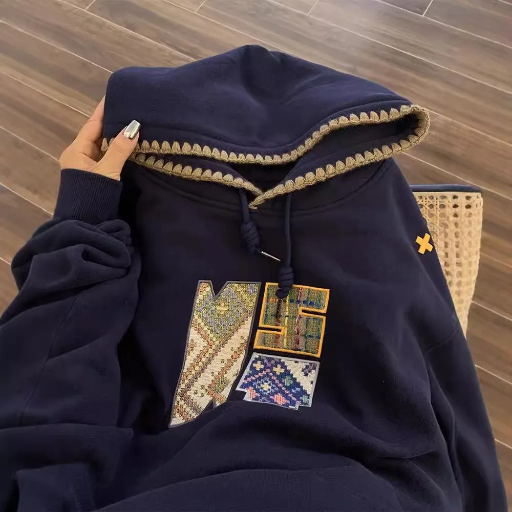 

Ashion Embroidered Hooded Sweatshirt For Women's New Autumn Winter Style Casual Loose Pocket Sporty Tops Dark Blue Coat Female