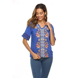 Eaeovni Bohemian Floral Embroidered Tops For Women Plus Size Mexican Style Shirts Womens V Neck Boho Summer Peasant Blouses