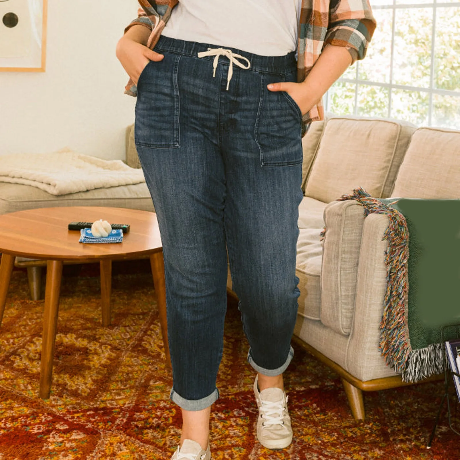 Womens Plus Size Jeans Work Jeans High Waist Slim Denim Pants Sweatpant Jeans Drawstring Elastic Waist Korea Casual Trousers