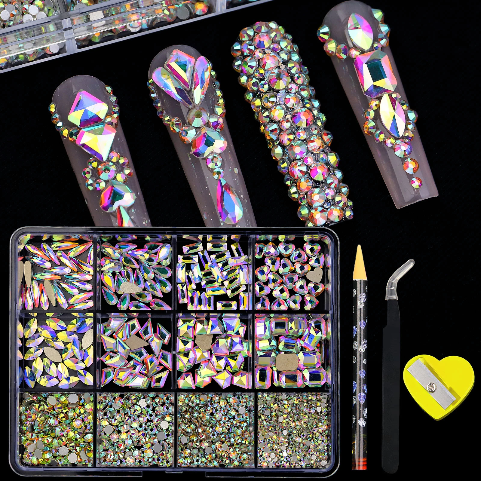 Strass 3d multiformato para arte em unhas, 780-980 peças, transparente/ab/vermelho/azul, broca de fundo plano com caneta de cera e pinça, caixa de strass