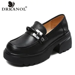 DRKANOL Fashion Platform Pumps women Slip On Loafers Genuine Leather Metal Round Toe British Style Thick High Heel Casual Shoes