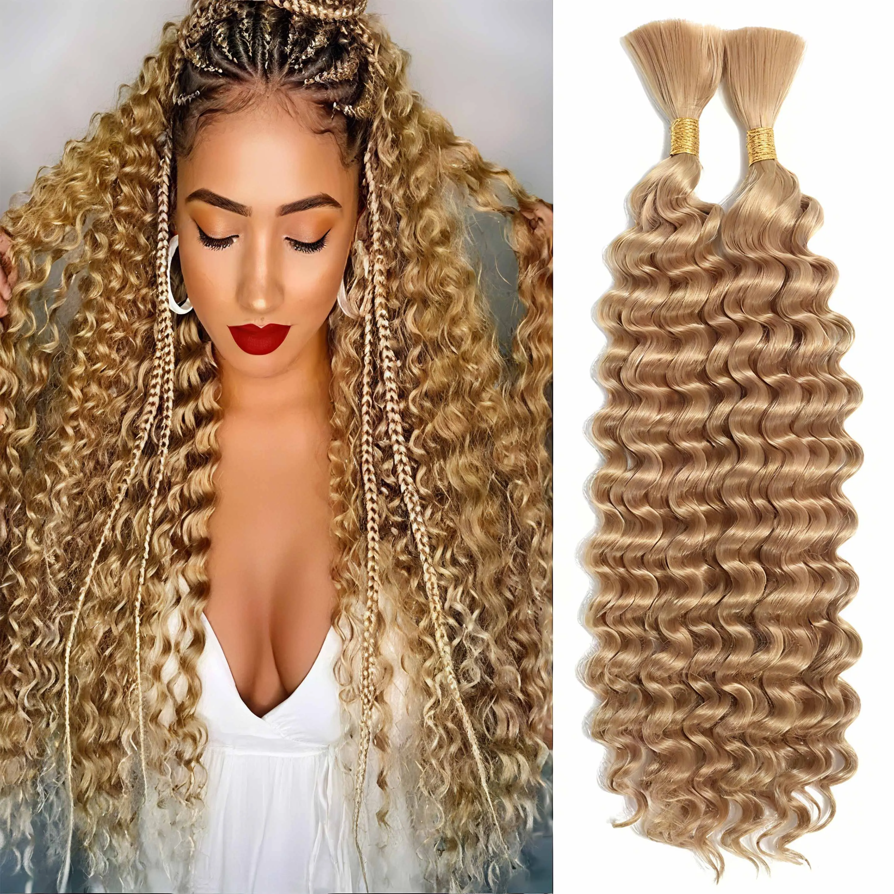 

14 22inch Blonde Boho Braids Wet Synthetic Deep Wave Bundle Deals Bulk Braiding Hair No Weft Extension For Women Child Faux Locs