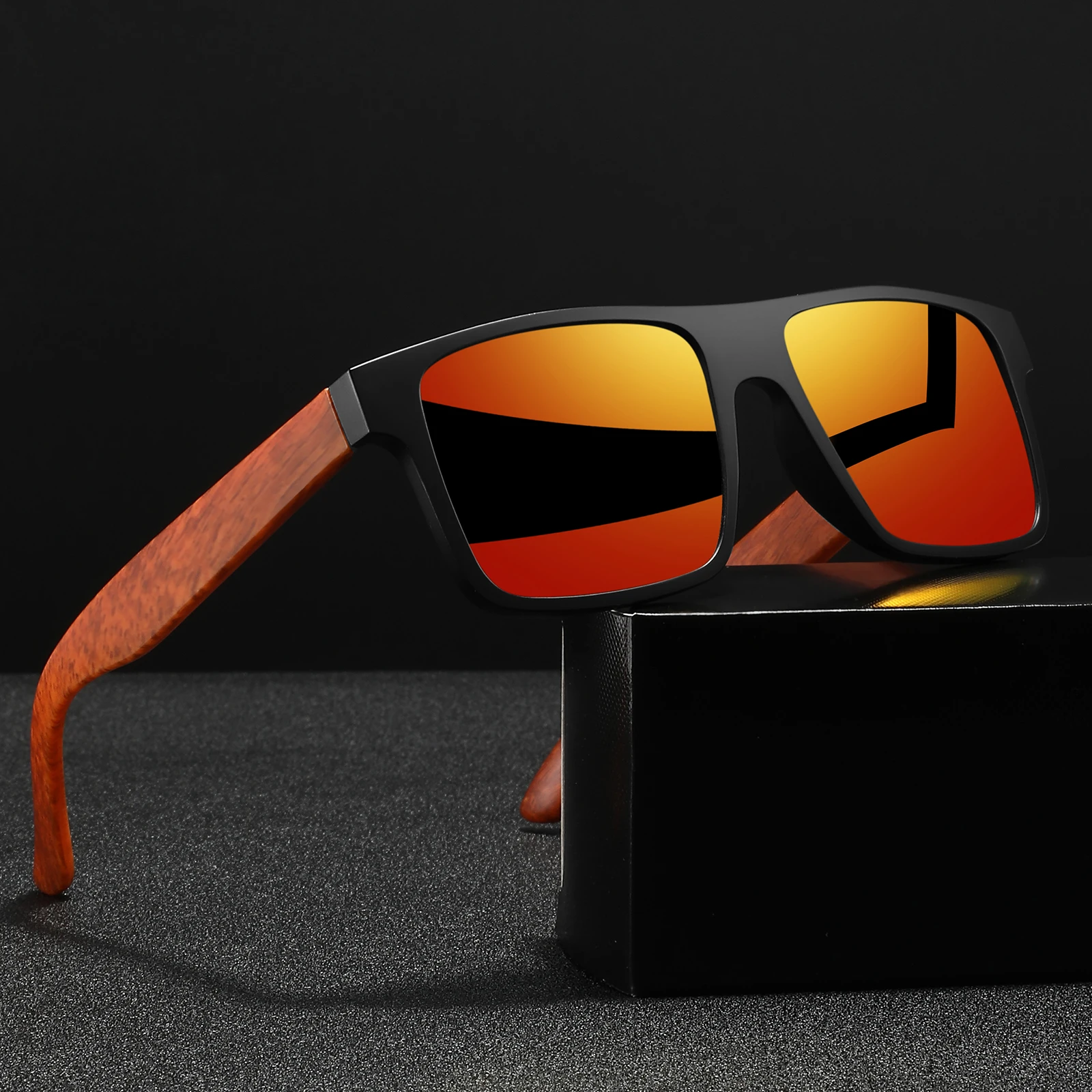 Classic Square Sports Polarized Sunglasses - Wood Grain Spring Hinge, Comfort Fit for Cycling, Fishing, Beach & Casual