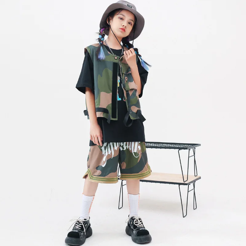 Kid Hip Hop Clothing Camo Tactical Sleeveless Jacket Vest top Casual Side Pockets Shorts for Girl Boy Jazz Dance Costume Clothes