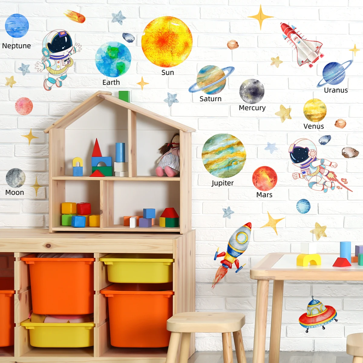 Solar System Kids Wall Stickers, Astronaut Stars  Wall Decals, Decor for Baby Boy Girl Room Bedroom Living Room Classroom