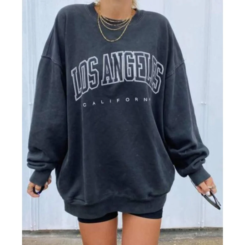 Women's Oversized Sports Shirt Los Angeles California Round Neck Long Sleeved Casual Loose Pullover