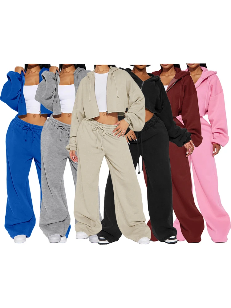 JENYAGE Oversized Zweiteiler-Set für Damen, weicher, einfarbiger, bequemer Crop-Hoodie mit Reißverschluss und Kordelzug, weite Jogginghose, Streetwear-Trainingsanzug – Detail 2