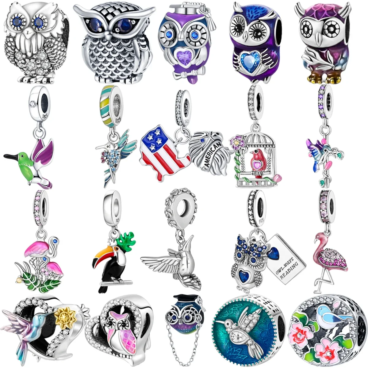 

Original 925 Charms Sterling Silver Owl Hummingbird Eagle Flamingo Beaded Pendant for Original DIY Bracelet Ladies Jewelry Gift