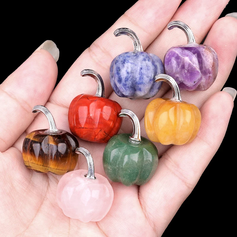 1pc Natural Stone Healing Gemstone Pumpkin Shaped Carved Ornaments for Halloween Holiday Home Decoration Accessories