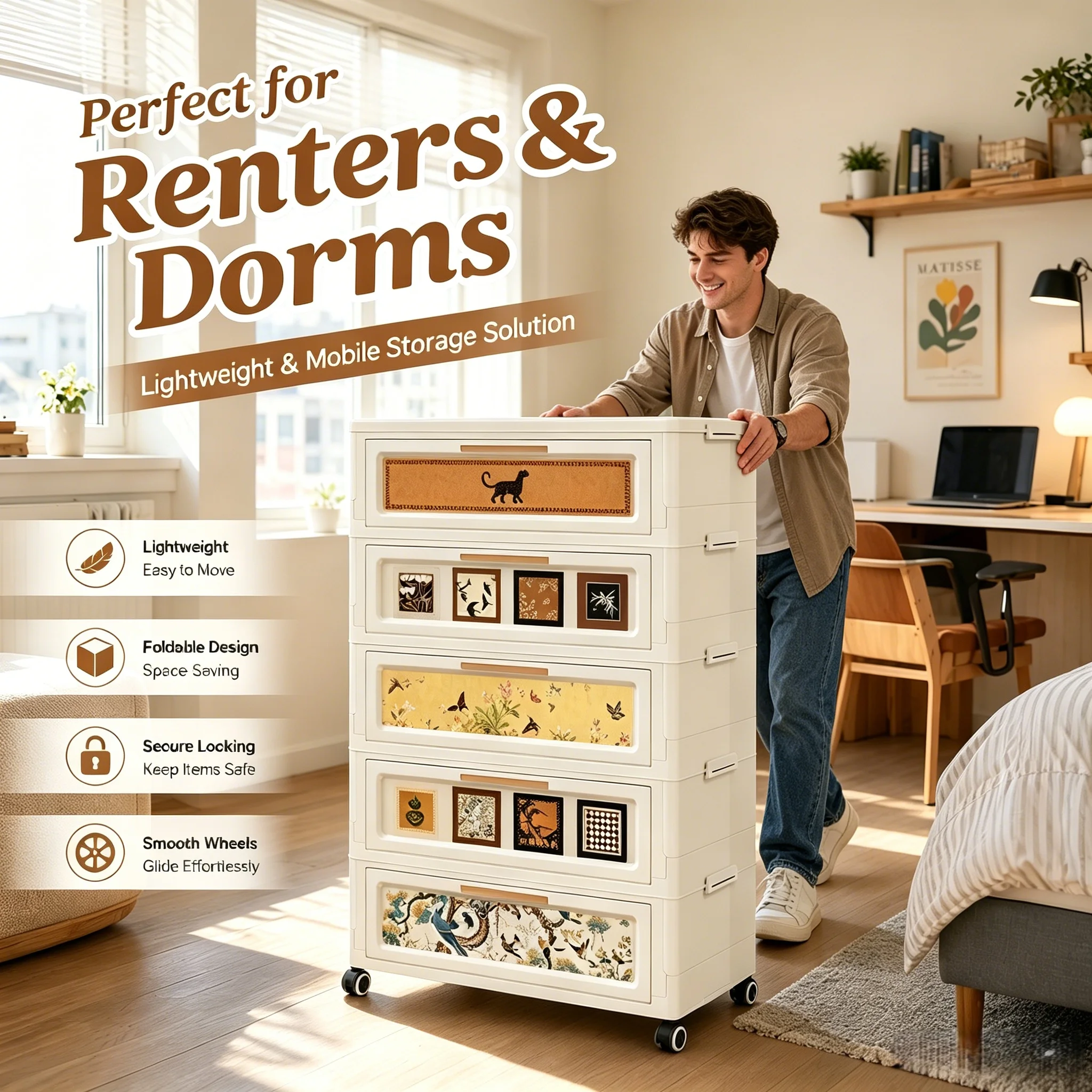 3/5 Tier Foldable ABS Rolling Storage Cabinet with Wheels, Tool-Free Assembly Retro Flip-Top Storage Chest, Magnetic Flip Cover Freestanding Plastic Storage Dresser, Large Capacity Space Saving Home Organizer for Bedroom Living Room Entryway