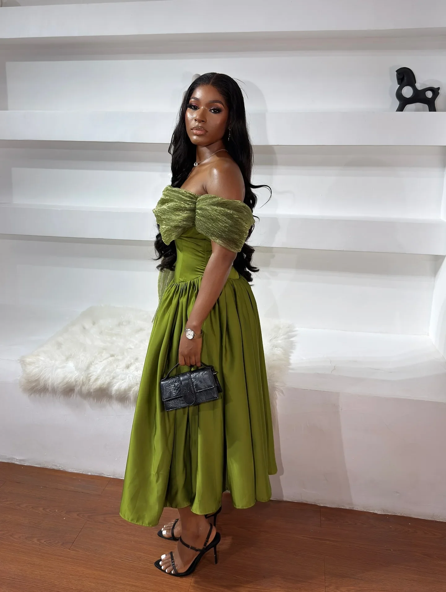 정교한 그린 A라인 발목 길이 여성 드레스 웨딩 파티용 원숄더 아프리카 여성 드레스