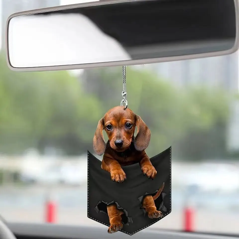 Funny Car Pendant Cute Dog Hanging Car Rear View Mirror Pocket Little Dog Swing Auto Interior Decoration Hanging Puppy Ornaments