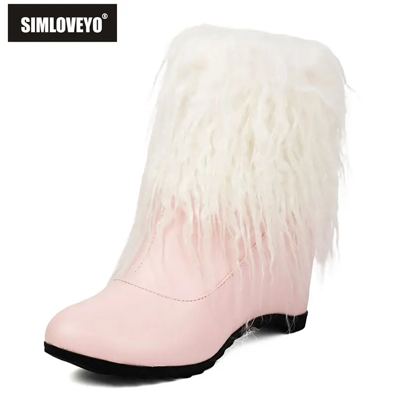 

SIMLOVEYO Pink Women Snow Boots Round Toe 9cm Wedges Heel Zipper Warm Plush Sweet Daily Mid Calf Botas Plus Size 42 43 Footwear